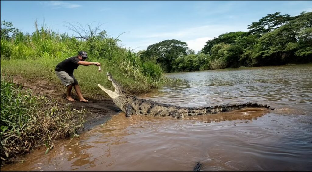 For USD $5 and the price of a chicken, one of the locals will climb down , feed the Tarcoles River Crocodiles